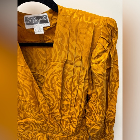 Vintage Pat Argent mustard yellow silk dress faux wrap mini - Picture 6 of 10